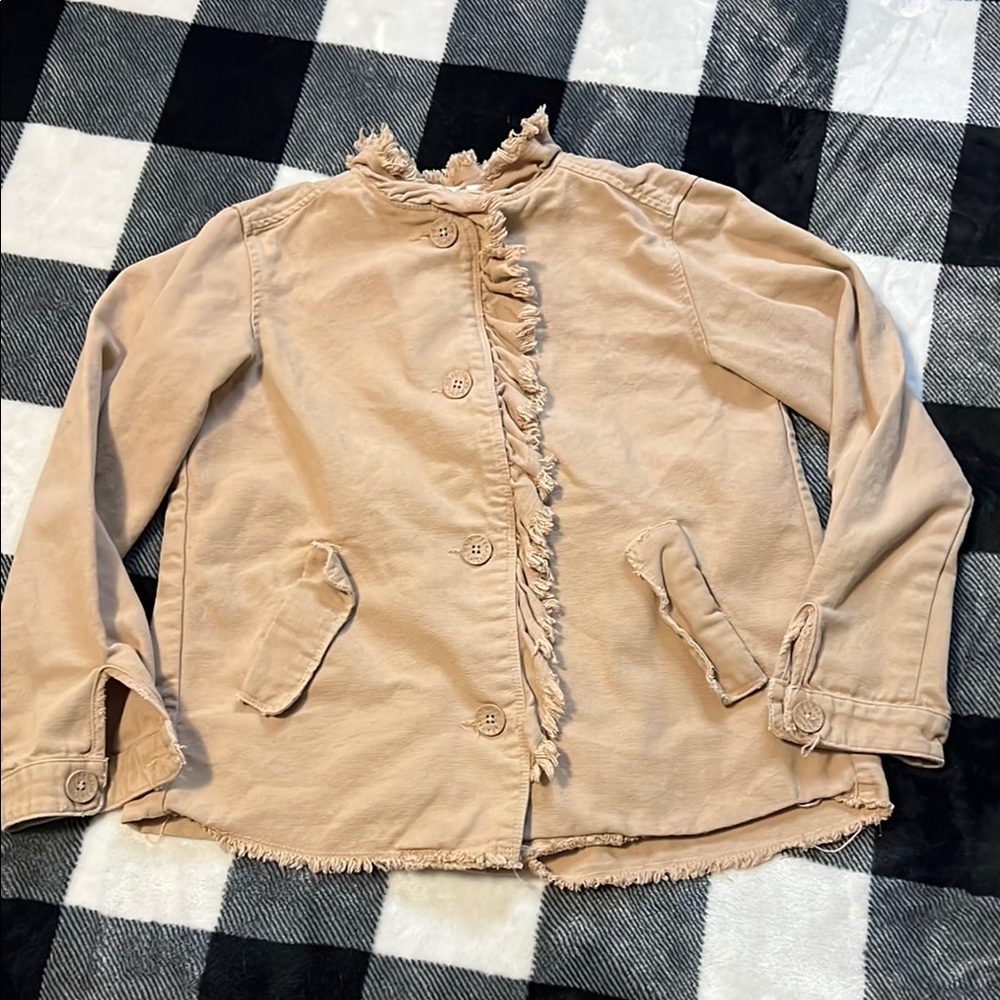Zara Girls Outerwear Tan Frayed Edge Button-Up Jacket size 9 / 10